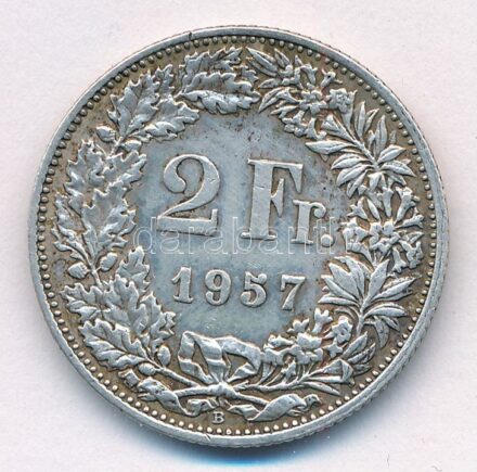 Svájc 1957B 2Fr Ag T:2 patina, kis ph Switzerland 1957B 2 Francs Ag C:XF patina, small edge error Krause KM#21