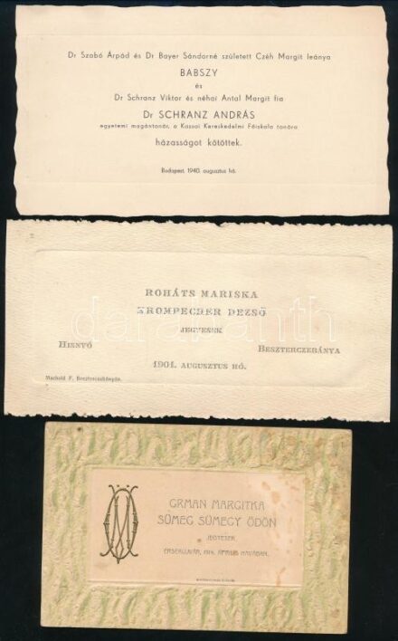 cca 1900-1940 3db felvidéki esküvői meghívó: Érsekújvár, Besztercebánya, Kassai Kereskedelmi Főiskola tanára