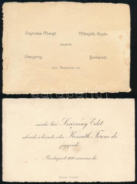 1902-1930 3 db esküvői meghívó, a korszak híres családjainak neveivel (Kossuth, Mikszáth)