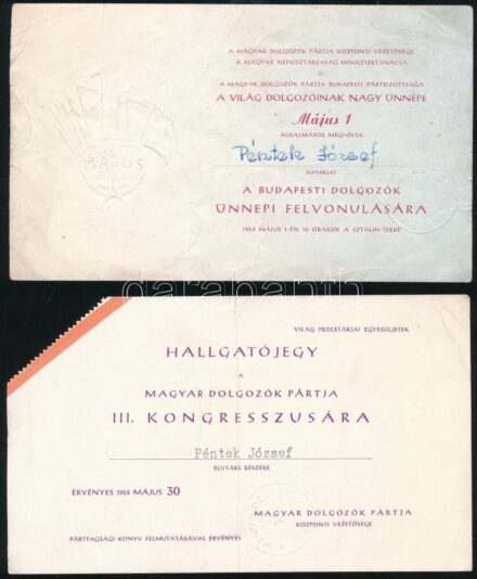 1954 3 db meghívó a Magyar Dolgozók Pártja eseményeire: május 1. felvonulás, MDP III. kongresszus, pártértekezlet