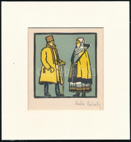 Kós Károly (1883-1977): Felöltözve. Linómetszet, papír, utólagos jelzéssel, paszpartuban, 11×11 cm