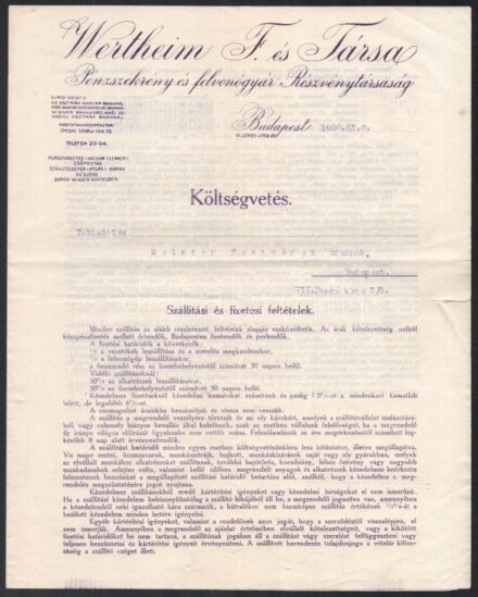 1920 Bp., Wertheim F. és Társa Pénzszekrény és Felvonógyár Rt. költségvetés (árajánlat) teherfelvonó kiépítésére, kis szakadással