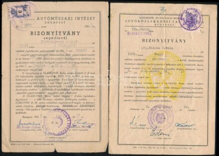 1951-1961 5 db gépkocsi és motorkerékpár vezetői engedélyek és bizonyítványok, okmánybélyegekkel
