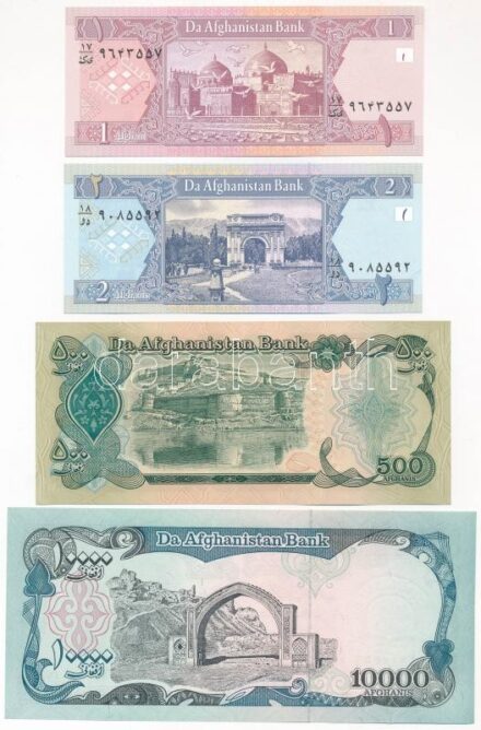 Afganisztán 1991. 500A + 1993. 10.000A + 2002. 1A + 2002. 2A T:I,I- Afghanistan 1991. 500 Afghanis + 1993. 10.000 Afghanis + 2002. 1 Afghani + 2002. 2 Afghanis C:UNC,AU
