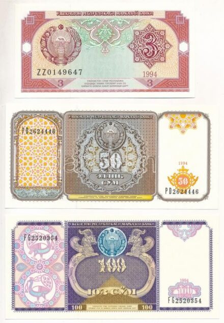 Üzbegisztán 1994. 3Sz + 50Sz + 100Sz T:I Uzbekistan 1994. 3 So'm + 50 So'm + 100 So'm C:UNC