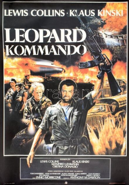 1987 Leopard Kommando Olasz-Svájci-NSZK film, nagyméretű filmplakát, moziplakát, főszerepben: Lewis Colins, Klaus Kinski, zene: Ennio Morricone, 81x56,5 cm