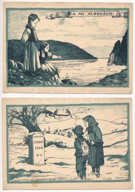 2 db RÉGI magyar irredenta képeslap Márton L. rajzaival. A Magyar Nemzeti Szövetség kiadása / 2 pre-1945 Hungarian irredenta art postcards