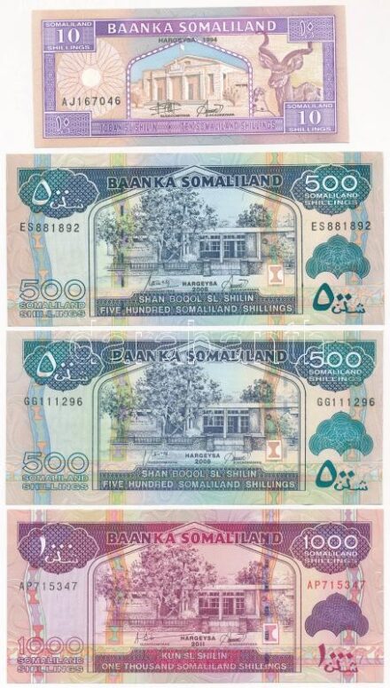 Szomáliföld 1994. 10Sh + 2005-2008. 500Sh (2xklf) + 2011. 1000Sh T:I,I- Somaliland 1994. 10 Shillings + 2005-2008. 500 Shillings (2xdiff) + 2011. 1000 Shillings C:UNC,AU