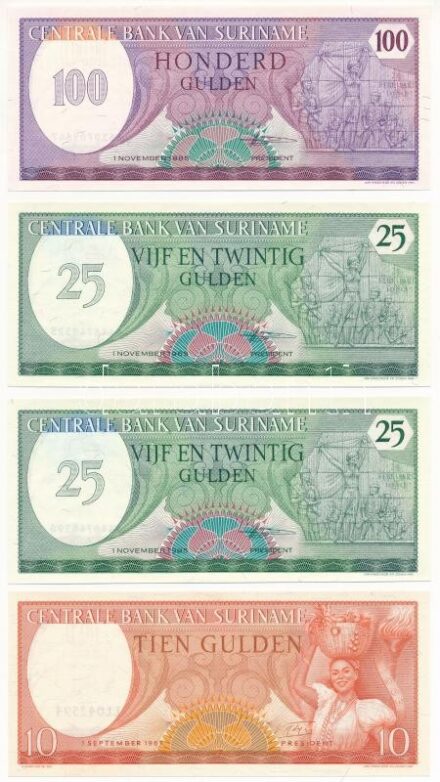 Suriname 1982. 5G (2x) + 1961. 10G + 1985. 25G (2x) + 1985. 100G T:I Suriname 1982. 5 Gulden (2x) + 1961. 10 Gulden + 1985. 25 Gulden (2x) + 1985. 100 Gulden C:UNC