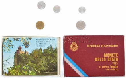 San Marino 1975. 1L - 20L (5xklf) forgalmi sor emlékkiadásokból, eredeti tokban T:1 San Marino 1975. 1 Lira - 20 Lire (5xdiff) circulating commemorative coin set in original case C:UNC