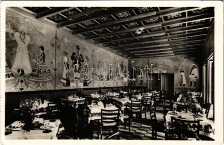 1937 Le Pavillon Hongrois a l'Exposition Internationale de Paris. La Restaurant. Architecte: Prof. D. Györgyi. Peintre: A. Diósy / Magyar pavilon a Nemzetközi Kiállításon Párizsban, magyar étterem, belső. Építész: Prof. D. Györgyi.