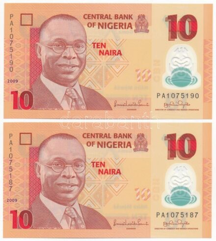 Nigéria 2009. 10N (2x) közeli sorszámok T:I Nigeria 2009. 10 Naira (2x) close serial numbers C:UNC Krause P#39a