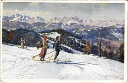 1913 Görlitzen bei Villach, Skipartie. Volkswirtschaftl. Vereins 'Oberkärnten' / winter sport, skiing s: Compton (EK)