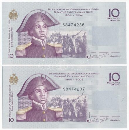 Haiti 2004. 10G 'Haiti függetlenségének bicentenáriuma' (2x) sorszámkövetők, emlékkiadás T:I Haiti 2004. 10 Gourdes 'Bicentennial of Haiti's Independence' (2x) consecutive serial numbers, commemorative issue C:UNC Krause P#272