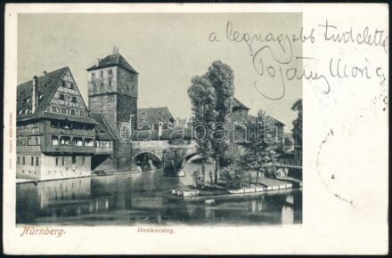 1906.VII.30 Pogány Móric (1878-1942) magyar építész, urbanista, egyetemi tanár, grafikusművész autográf üdvözlő sorai és aláírása, Kézdi-Kovács László (1864-1942) festőművésznek küldött nürnbergi képeslapon.