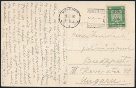 1926.XI.18 Kézdi-Kovács Elemér (1898-1976) festőművész autográf sorai szüleihez, Kézdi-Kovács László (1864-1942) festőművészhez és feleségéhez Münchenből, amelyben a bajor fővárosban való szállásról és egyéb