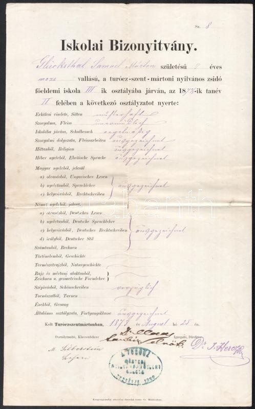 1873 Turócszentmártoni zsidó főelemi iskola bizonyítványa