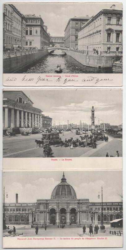 Saint Petersburg, St. Petersbourg, Petrograd; Canal d'hiver, La Bourse, La maison du people de l 'Empereuer Nicolas II - 3-tiled pre-1945 card from a leporello (bent til broken)