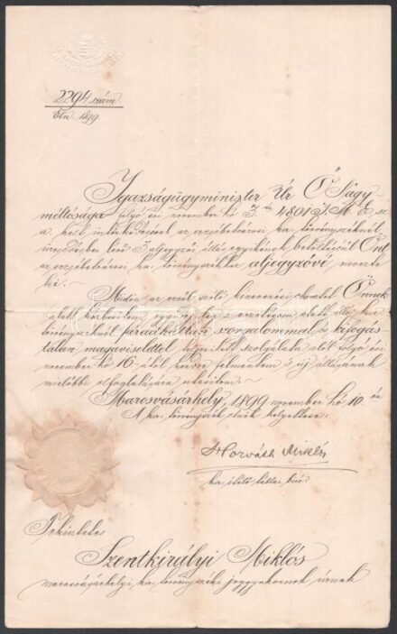 1899 Erzsébetvárosi aljegyzői kinevezés, Horváth Miklós, Királyi Ítélőtáblai bíró aláírásával. Száraz bélyegzővel. Apró foltokkal.