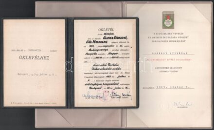 1955-1975 3 db vegyes okmány: könyvelő oklevél, kitüntetés adományozó oklevél (Oktatásügy Kiváló Dolgozója, Aranykoszorús KISZ jelvény), mindhárom dísztokban