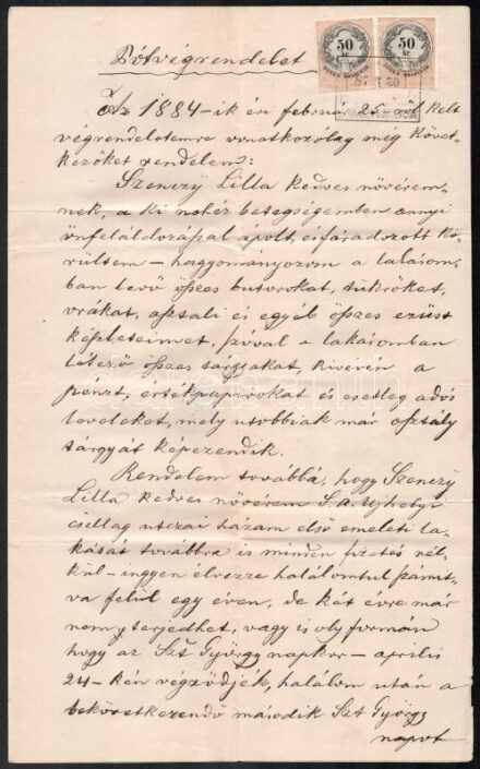 1884 Bp., végrendelet viaszpecséttel, okmánybélyegekkel