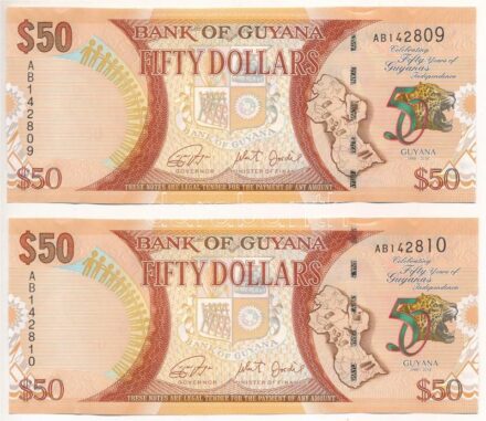 Guyana 2016. 50$ 'Guyana függetlenségének 50. évfordulója' emlékkiadás (2x) sorszámkövetők T:II hajtatlan Guyana 2016. 50 Dollars 'AA743496' '50 Years of Guyana's Independence' commemorative issue (2x) consecutive serials C:XF