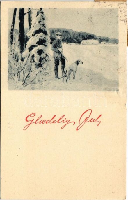 1928 Glaedelig Jul / Christmas greeting art postcard with hunter and dog in the snow (Rb)