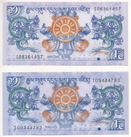 Bhután 2006 1Ng + 2013. 1Ng T:I Bhutan 2006. 1 Ngultrum + 2013. 1 Ngultrum C:UNC Krause P#27