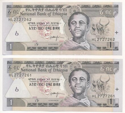 Etiópia 2000. 1B (2x) sorszámkövető T:I Ethiopia 2000. 1 Birr (2x) consecutive serials C:UNC Krause P#46
