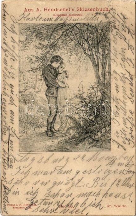 1900 Im Walde. Aus A. Hendschel's Skizzenbuch / Lady art postcard, romantic couple (fa)