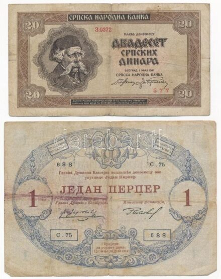 Montenegró 1914. 1P + Szerbia 1941. 20D T:III- Montenegro 1914. 1 Perper + Serbia 1941. 20 Dinara C:VG Krause P#9, P#25