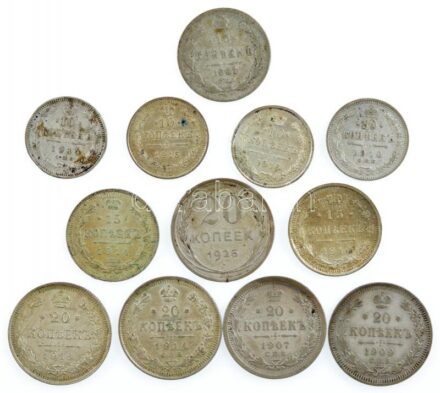 Orosz Birodalom 1901-1925. 10k-20k Ag (12xklf) T:2-3 patina Russian Empire 1901-1925. 10 Kopecks - 20 Kopecks Ag (12xdiff) C:XF-F patina