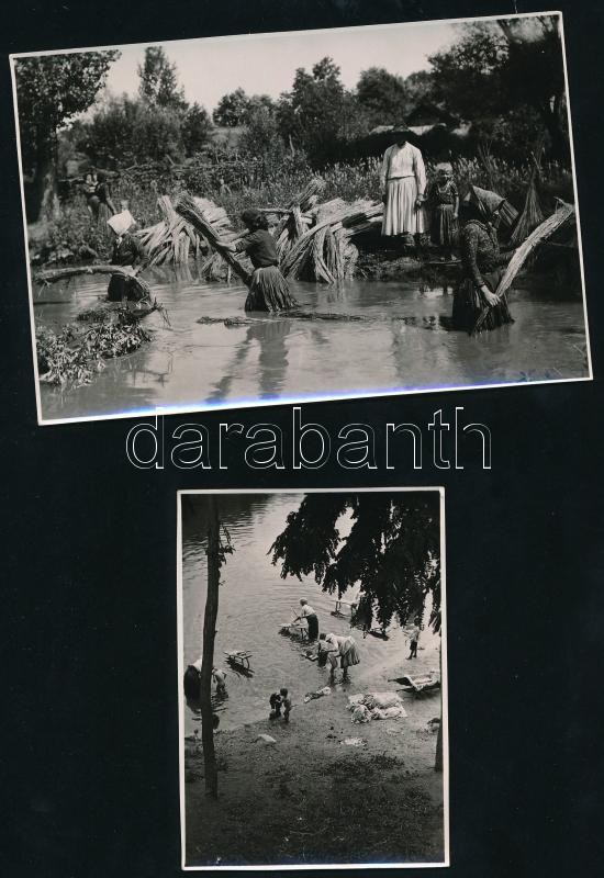 cca 1940 Vegyes néprajzi fotó tétel, 2 db, víznél ruhát mosó asszonyok, nádas szüretelők, hullámosak, 8x12 cm és 8x6 cm