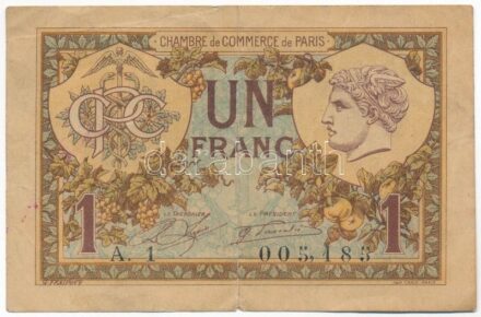 Franciaország / Párizsi Kereskedelmi Kamara 1920. 1Fr 'A.1 005185' szükségpénz T:III beszakadás France / Chambre de Commerce de Paris 1920. 1 Franc 'A.1 005185' necessity note C:F tear