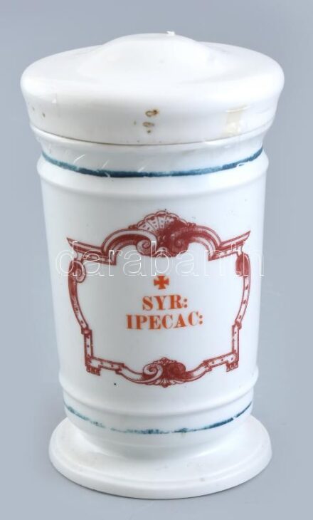 Régi ipekakuána syrupos, gyógyszeres porcelán, kopásnyomokkal. m: 16 cm
