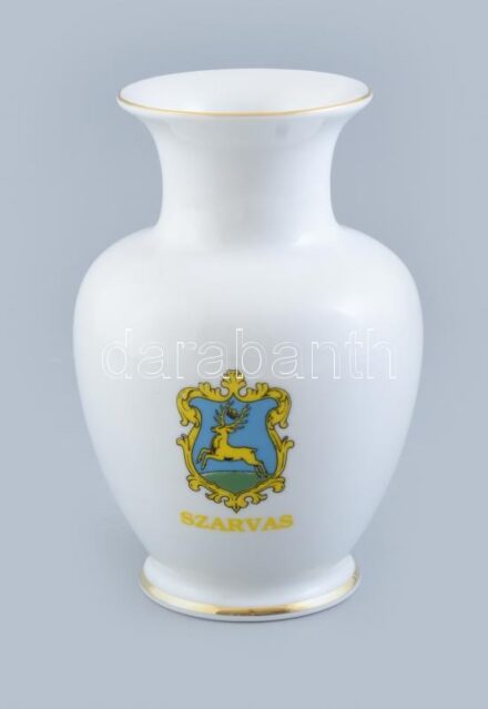 Hollóházi porcelán váza, Pioneer szarvasi vetőmagüzem és Szarvas címerrel, matricás, jelzett, hibátlan, m: 16 cm