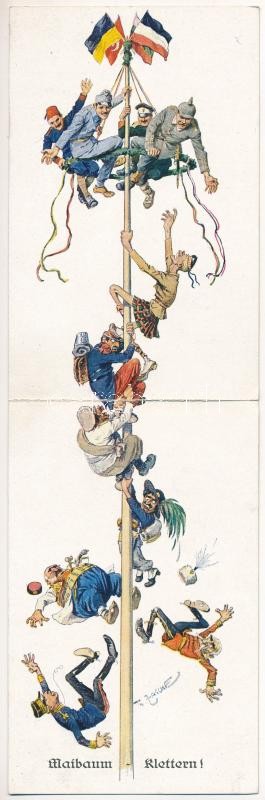 Maibaum-Klettern! / Központi hatalmak katonái májusfa tetején. Első világháborús antanthatalmak ellenes gúnyos propaganda. Kinyitható képeslap / Central powers on top of a May tree (maypole). WWI anti-Entente Powers military mocking