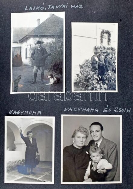cca 1934-1950 Dinnyés Lajos (1901-1961) kisgazda politikus, miniszterelnök fotóalbuma, benne életképek, Balaton, Dabas, Brazil Pressó, Fészek Klub, motorcsónak versenyek, bulgáriai látogatás fotói, moszkvai látogatás fotói, 1 orosz