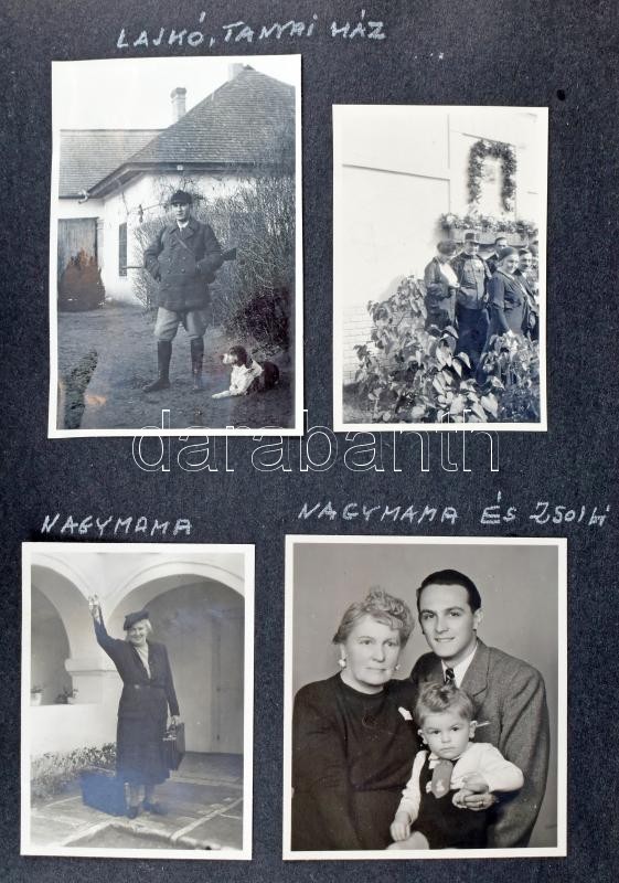 cca 1934-1950 Dinnyés Lajos (1901-1961) kisgazda politikus, miniszterelnök fotóalbuma, benne életképek, Balaton, Dabas, Brazil Pressó, Fészek Klub, motorcsónak versenyek, bulgáriai látogatás fotói, moszkvai látogatás fotói, 1 orosz