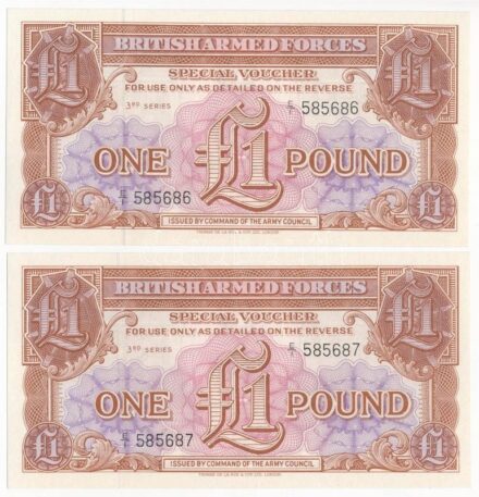 Nagy-Britannia / Katonai kiadás 1956. 1Ł '3. sorozat' (2x) sorszámkövetők T:I United Kingdom / British Armed Forces 1956. 1 Pound '3rd series' (2x) consecutive serials C:UNC Krause P#M29