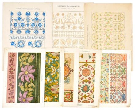 cca 1880-1900 Hímzésminták, összesen 13 db nyomat, ebből 9 db színes az Illustrirte Frauen-Zeitung c. folyóirat, ill. 3 db a Kalotaszegi Varrottas-Album (szerk.: Pentsy József, Szentgyörgyi Lajos) melléklete. Vegyes állapotban, 29x20,5