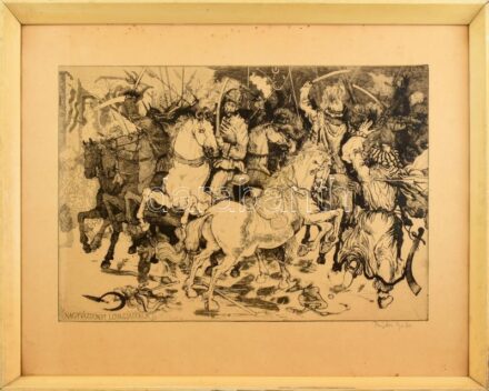 Pásztor Gábor (1933-2012): Nagyvázsonyi lovasjátékok. Rézkarc, papír, jelzett, üvegezett keretben, 34x49 cm