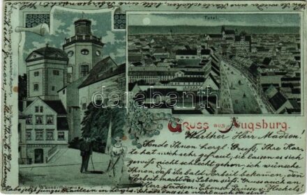 1900 Augsburg, Die Wasserthürme, Total / water tower. Kunstanstalt Rosenblatt. Art Nouveau, floral, litho (cut)