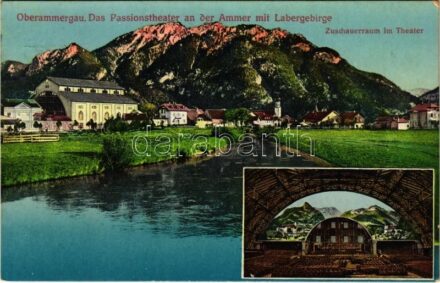 1910 Oberammergau, Das Passionstheater an der Ammer mit Labergebirge, Zuschauerraum im Theater / passion theatre, interior (EK)