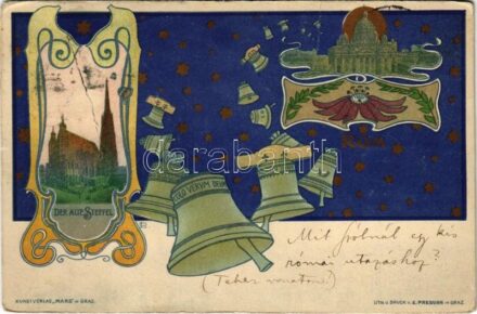 1903 Der Alte Steffel - Rom / Szent Péter bazilika a Vatikánban és a bécsi Szent István székesegyház / St. Peter's Basilica in Vatican and St. Stephen's Cathedral in Wien. Kunstverlag Mars, Lith. u. Druck v. E. Presuhn Art Nouveau, litho
