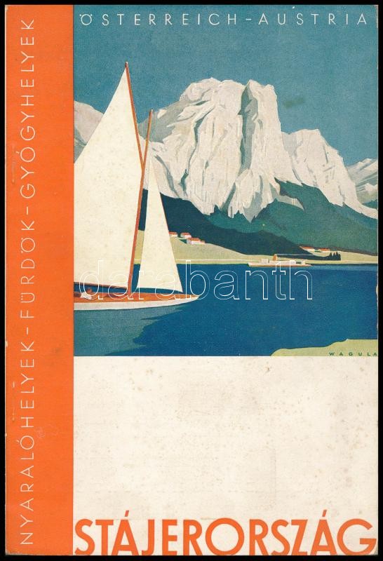 cca. 1940 Stájerország nyaralóhelyeinek, fürdő- és gyógyhelyeinek ismertetője. Stájerország Idegenforgalmi Hivatala, Gráz. Hans Wagula (1894-1964) borítótervével. Kiadói papírkötésben. 128 oldal. Fekete-fehér fényképekkel, egy