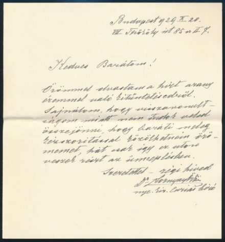 1929.X.20 Hornyay Ödön volt kir. törvényszéki bíró Kassán, ny. kúriai bíró autográf gratuláló levele Kézdi-Kovács László (1864-1942) festőművészhez, a Lord Rothermere aranyérem elnyeréséért. Közel egy beírt oldal, Hornyay