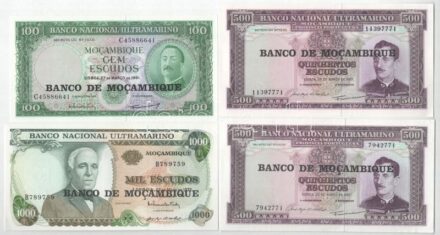 Mozambik 1961. 100E + 1967. 500E (2x, egyik 7, másik 8 jegyű sorszámmal) + 1972. 1000E mindegyik fekete 'BANCO DE MOCAMBIQUE' felülbélyegzéssel T:I,II mind hajtatlan, egyiken kisebb gyűrődések és egy nagyon apró beszakadás Mozambique