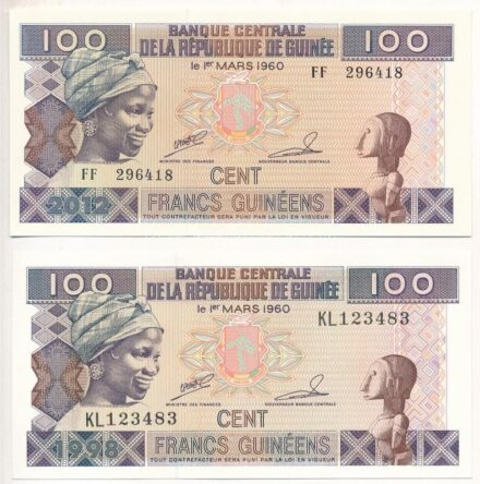 Guinea 1998. 100Fr 'KL123483' + 2012. 100Fr 'FF 296418' T:I Guinea 1998. 100 Francs 'KL123483' + 100 Francs 'FF 296418' C:UNC Krause P#35
