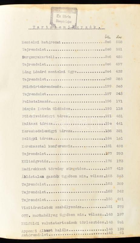Dinnyés Lajos (1901-1961) kisgazda politikus, országgyűlési képviselő, későbbi miniszterelnök: Parlamenti beszédeim 1933. Összesen 27 Dinnyés Lajos által összegyűjtött beszéd, nyomtatványok gépelt tartalomjegyzékkel, rajta - Image 2